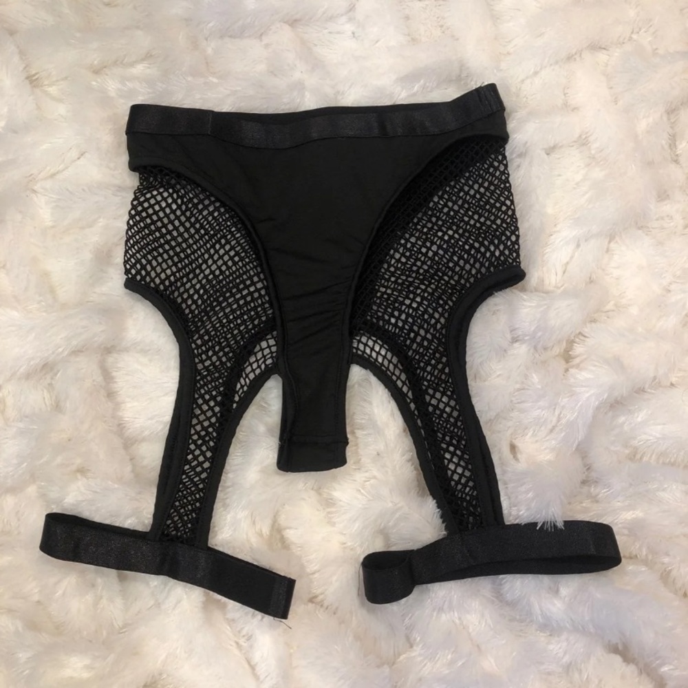 Black Women's Fishnet Bikini Bottom with Strappy Details